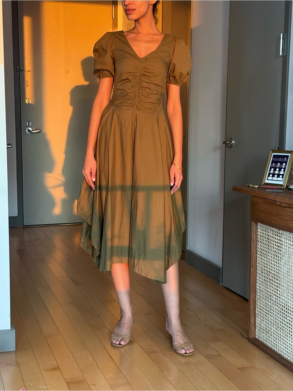 NWT Olive Puff-Sleeve High-Low Dress with Ruched Front
